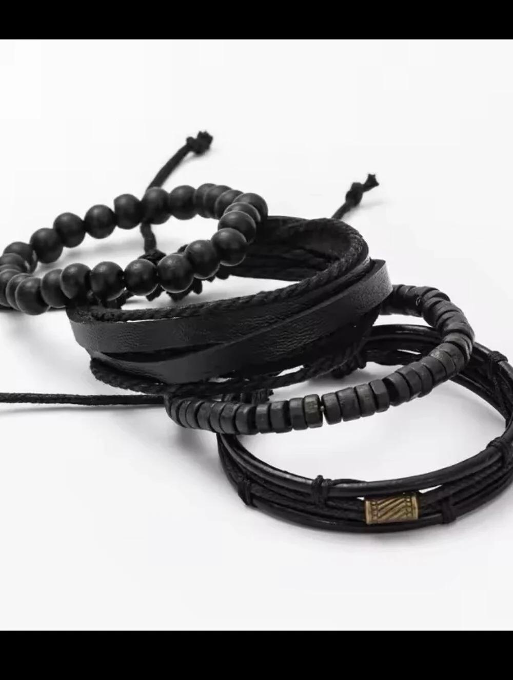 Men's Black Layered Leather & Bead‎ Bracelet Stack Jewelry G14